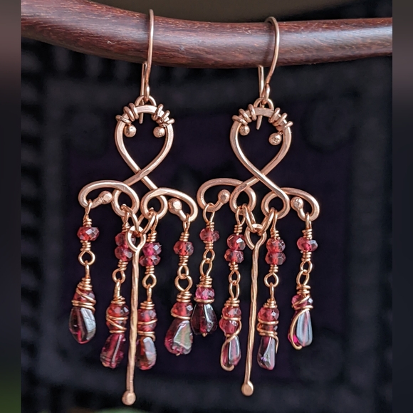 Handmade Garnet Chandelier Earrings Romantic Copper Jewelry - Picture 11 of 13